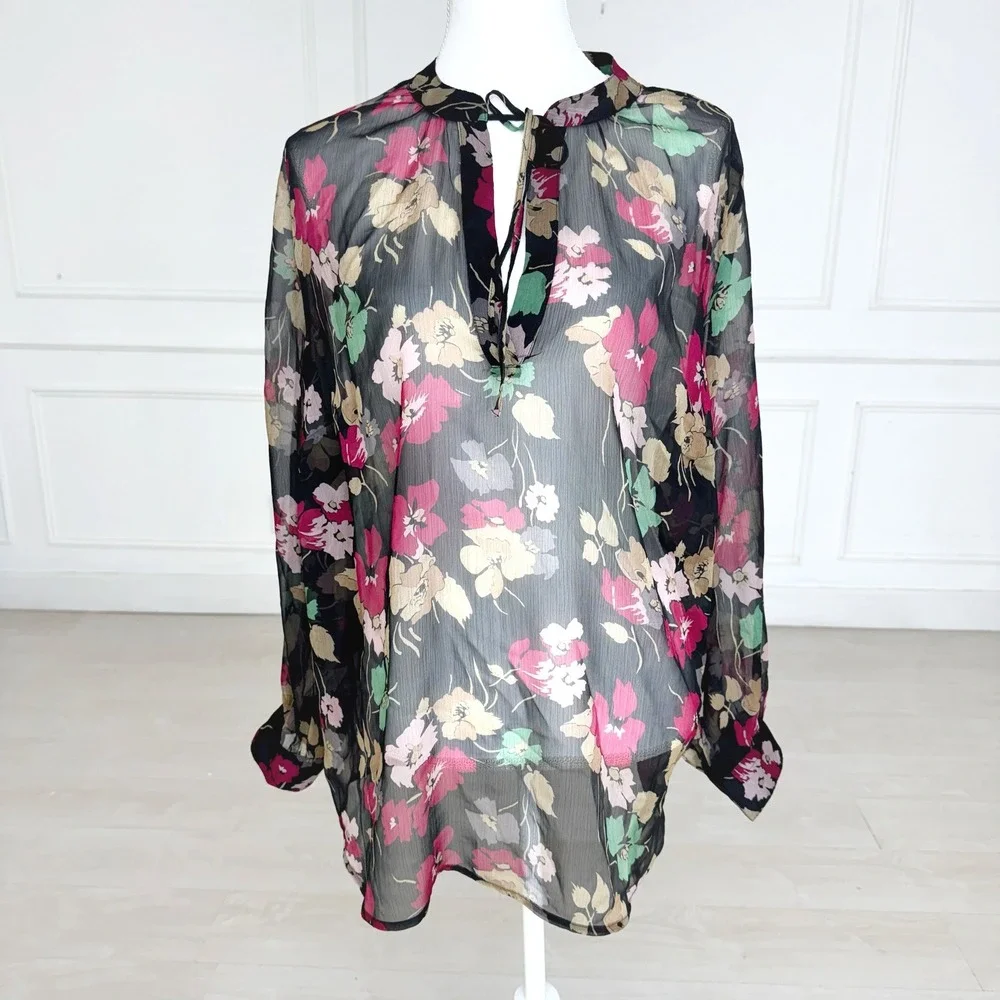 Lauren Ralph Lauren Blouse Womens 2X Black Floral Sheer Tie Neck Long Sleeve Top